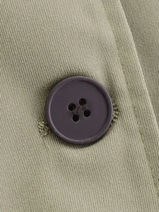 Detailed macro view of olive green twill fabric and premium dark brown button stitching