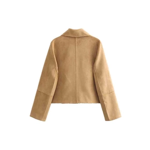 Women's camel faux suede jacket with lapel collar and back seam detail, minimalist style