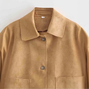 Chic camel faux suede jacket with lapel collar and patch pockets for women