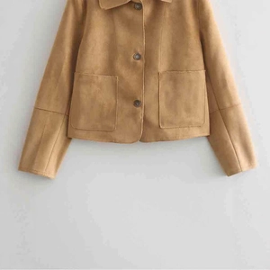 Women's warm tan faux suede short jacket with lapel collar and large square pockets