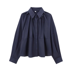Chemisier en Popeline Plissée pour Femmes Mode de Rue Bleu Marine Manches Longues Coupe Ample Décontractée Quotidienne
