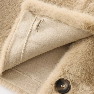Faux fur short jacket in warm beige with marble button and soft plush texture