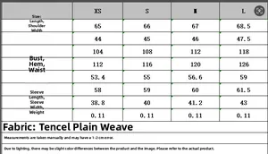Detailed size chart for tencel shirt featuring measurements for XS to L in centimeters