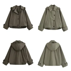 Women's Casual Hooded Windbreaker Jacket Single-Breasted Loose A-Line Outerwear Solid Color Adjustable Cuffs Autumn Coat