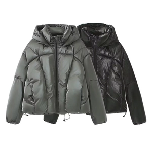 Women's glossy puffer jacket with hood and drawstring in black and forest green colors