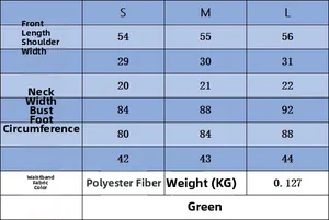 Detailed size chart for green cotton knit cardigan featuring measurements for S, M and L