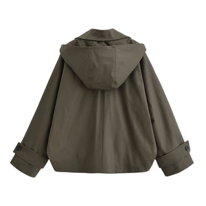 Deep olive green oversized hooded jacket for women with drop shoulders and adjustable cuffs