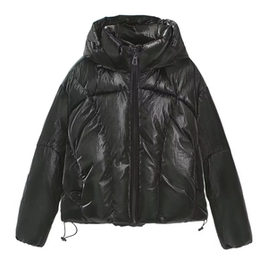Detail of glossy black puffer jacket featuring a hooded design and metallic shine finish