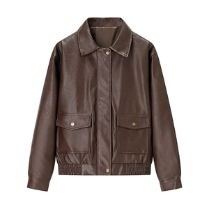 Women Retro Brown Distressed PU Leather Jacket Fashion Moto Bomber Outerwear With Flap Pockets Vintage Streetwear Loose Fit Coat