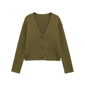 Women's Elegant Olive Green Polyester Knit Cardigan and Vest Top Solid Color Crochet Hollow Out Knitwear Short Loose Fit Top