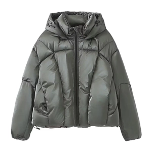 Detail of metallic grey hooded puffer jacket with zipper and adjustable drawstring hem