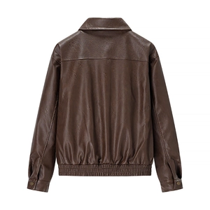 Rear view of brown distressed PU leather jacket with classic collar and ribbed hem