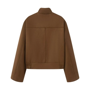 Rear view of a dark brown faux suede jacket featuring structured seams and a stand collar