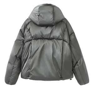 Rear view of a shiny dark grey hooded puffer jacket with metallic finish quilting