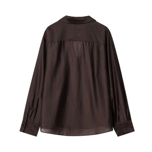 Detailed back view of dark coffee long sleeve shirt featuring a pleated yoke and silky texture