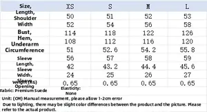 Size chart for women faux suede jacket showing length, shoulder, and chest in centimeters