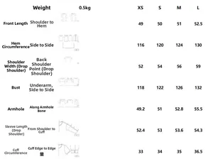 Detailed size chart for street fashion jacket with measurements in XS S M L and XL