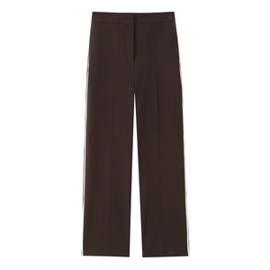 Détail du pantalon marron foncé à taille haute pour femme avec rayures latérales