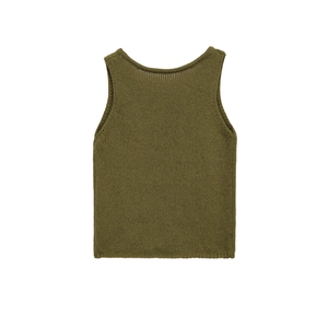 Detailed view of an olive green cotton knit vest featuring a clean round neckline