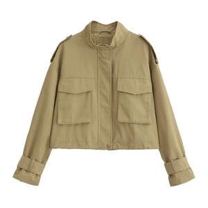 Women Khaki Utility Cargo Jacket Short Crop Top Epaulets Pocket Stand Collar Regular Fit Streetwear Fall Outerwear Casual Jacket