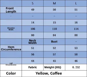 Size chart for women's knit sweater with measurements for S, M, L in cm and fabric details