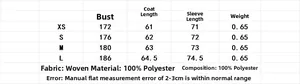 Detailed size chart for hooded windbreaker jacket including XS-L chest and length data