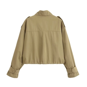 Back view of khaki cropped jacket with stand collar and adjustable cuff straps