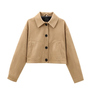 Women Fashion Faux Suede Short Jacket Lapel Single Breasted Streetwear Camel Outerwear Coat With Pockets Long Sleeve