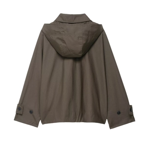 Detail view of the deep olive green waterproof hooded jacket back with adjustable cuffs