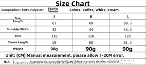 Size chart for women long sleeve shirt showing measurements for S, M, and L sizes