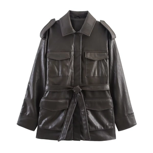 Women Vintage Dark Brown Faux Leather Safari Jacket With Belt Lapel Long Sleeve Multi Pocket PU Leather Coat Jacket