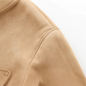 Short faux suede jacket in khaki color featuring high-quality stitching and tonal buttons