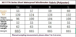 Detailed size chart for short waterproof windbreaker jacket with fur collar measurements