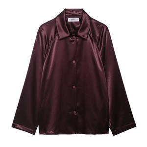 Deep purple satin long sleeve shirt jacket with a glossy finish and button front