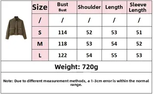 Size chart for women faux suede bomber jacket including bust and length measurements