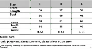 Size chart for knit fringe cardigan including bust, length, and sleeve measurements