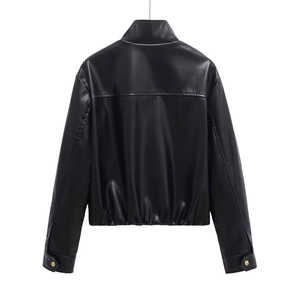 Back view of a black faux leather jacket with stand collar and elastic hem