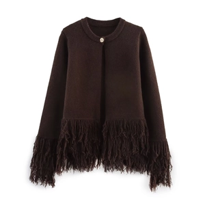 Detail of coffee brown knit cardigan with fringe hem and gold button closure