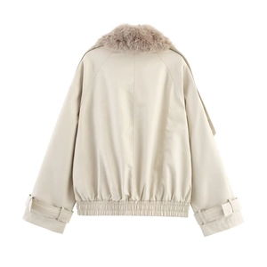 Back view of a cropped waterproof windbreaker featuring a fluffy faux fur collar detail
