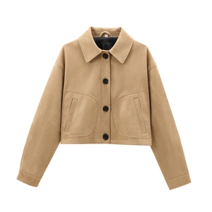 Women's faux suede short jacket in camel with lapel collar and black buttons