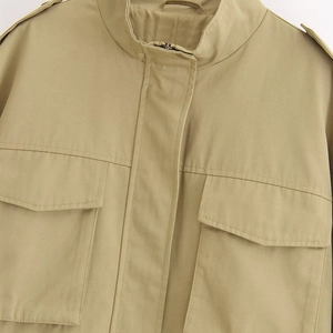 Khaki street style workwear jacket with stand collar, epaulettes and large chest pockets
