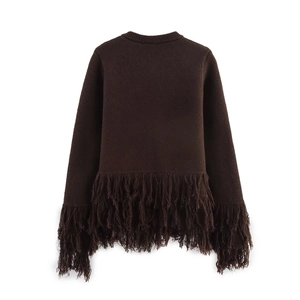 Detail of dark brown knit sweater featuring long fringe hem and sleeve accents from back