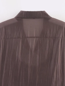Detail of sheer brown blouse showing vertical pleated texture and classic collar seam