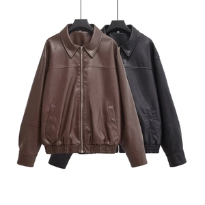 Damen Casual Kunstleder PU Jacke Streetwear Mode Lose Langarm Bomberjacke Reißverschluss Oberbekleidung Für Frühling Herbst