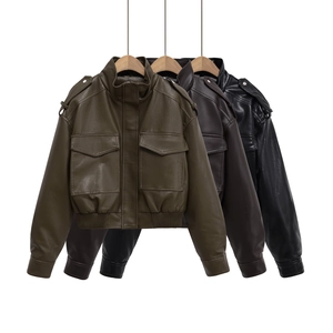 Veste En Similicuir PU Femme Style Moto Courte Streetwear Col Montant Multi Poches Fermeture Éclair
