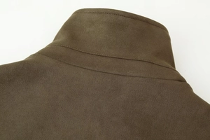 Detailed view of the olive brown faux suede bomber jacket collar with double stitching