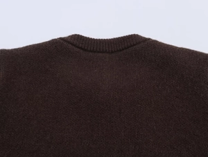 Macro shot of brown knit cardigan neckline showing thick wool texture and round neck