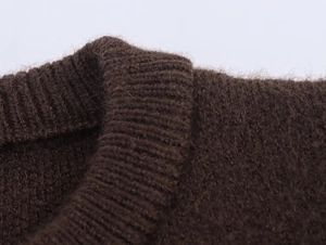 Close-up of ribbed neckline and fuzzy wool texture on dark coffee knit cardigan