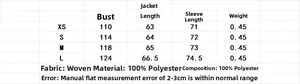 Detailed size chart for stand collar trench coat with measurements and material specs