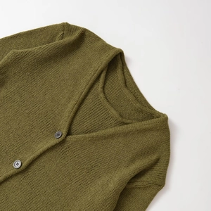 Chic olive green cotton knit cardigan featuring a V-neckline and dark gray buttons